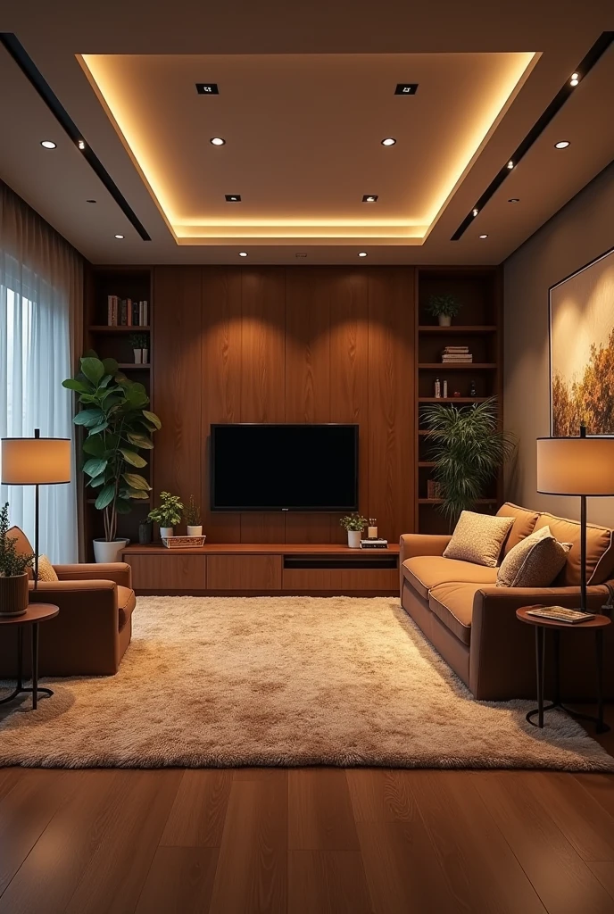 A room with a large rug. On the carpet, a brown sofa and on both sides, Lamps. in front of the sofa, on the wall, a television and below, a small table with plants. On the other walls there are some paintings and a bookcase.. and on the ceiling some led lights.