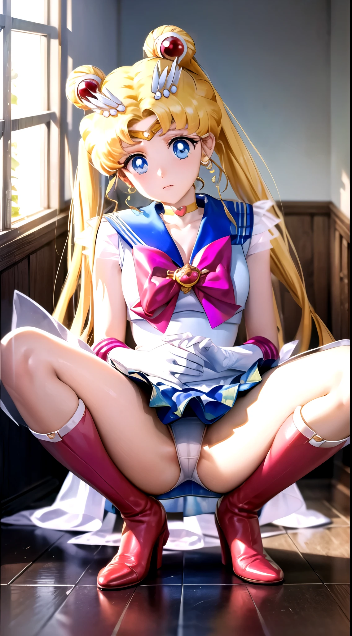 ((((Angle view from under the skirt, I can see her panties, ))),masterpiece, Highest quality, (1 person), (Sailor Moon R),(Super Sailor Moon Uniform), (Blonde), (Red long boots), (Detailed face), Small breasts,Face Focus, White wall, (On the bed), (Bright room), (A look of despair: 1.0), White gloves, Detailed eyes, Detailed face, (Love hotel room), Highest quality, High resolution, (Fine and beautiful eyes: 1.3), highly Detailed face, Detailed CG, (Perfect hands, Perfect Anatomy: 1.3),(Short skirt), (Skirt flipped up),(Bright skirt),(Red face),(), (Inverted skirt 1.3), (Detailed Panties 1.3), (Cotton white panties: 1.3), (Crying face: 1.0),(Tears in my eyes: 1.0),(petticoat: 1.0),(Frilled Panties: 1.3),(Panties: 1), (Squat: 1.3), (Spread your legs: 1.3),(Long ponytail),(Focus on face and panties),(Wet panties),