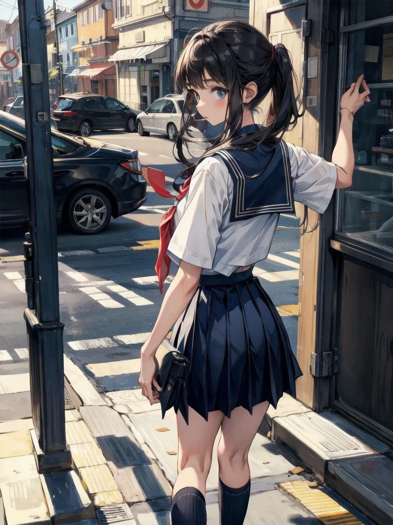 school_uniform, navy blue skirt,