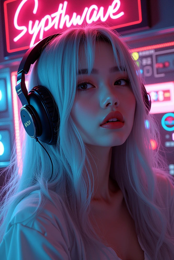 mixtape cover, a person with Headphones, Retro 80s style, Neon color, Young Japanese woman with silver hair、Vibrant and energetic composition, Glitch Art, Synthwave aesthetics, Detailed face and expression, Cinema Lighting, (Highest quality,4K,8k,High resolution,masterpiece:1.2),Very detailed,(Realistic,photoRealistic,photo-Realistic:1.37),Vibrant colors,Neon Light,Synthwave,80s retro,Glitch Art,Cinema Lighting,Detailed face,Expressive eyes,Headphones,cassette tape