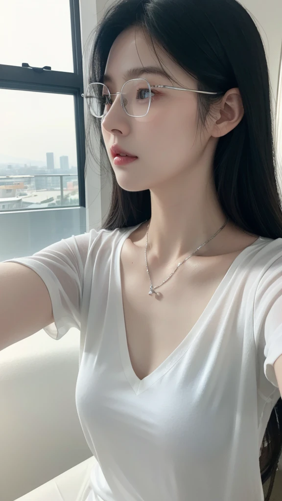 best quality, very detailed 티커 통합 8k 벽지, face light, movie lights, 1 girl, korean girl, very beautiful face, (photo realistic:1.4),(masterpiece, 4K, best quality, very detailed), pictorial, photography, photo현실적인 eyes, very detailed 얼굴, detailed lips, Ordinary Hand, shiny lips, glossy face, pale milky white porcelain skin, smooth translucent white skin, Skin care brand photo shoot, Woman with porcelain skin, diffused natural skin glow, soft porcelain skin, translucent white skin, Just yoon, clear face and body skin, Skin care, white porcelain skin, ((profile)), ((Silver thin glasses)), ((Comfortable v-neck shirt:1.2)), ((black hair:1.3)), ((School library)), ((Studying)), ((Selfie:1.3))