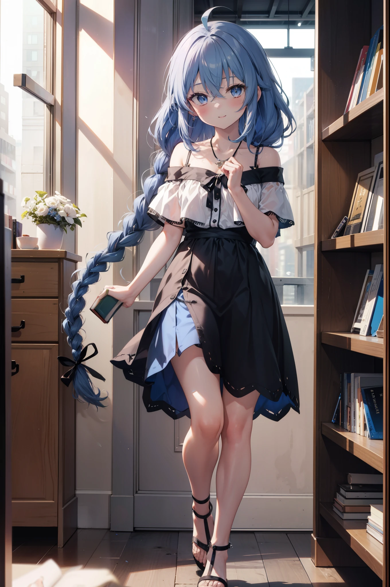 Roxymigurdia, Roxy, Ahoge, Black Ribbon, blue eyes, Blue Hair, Braiding, Hair between the eyes, Hair Ribbon, Long Hair, twin Braidings, very Long Hair, smile,blush,Open your mouth,Blue off-shoulder dress,bare clavicle,Bare neck,Bare shoulders,Rocket Pendant,Short sleeve,mini skirt,Cute heeled sandals,True Summer,Daytime,Clear skies,Walking,Bookshelf,Holding a book in both arms,whole bodyがイラストに入るように,
break looking at viewer,whole body,
break indoors,figure書館,
break (masterpiece:1.2), Highest quality, High resolution, unity 8k wallpaper, (figure:0.8), (Beautiful attention to detail:1.6), Highly detailed face, Perfect lighting, Highly detailed CG, (Perfect hands, Perfect Anatomy),