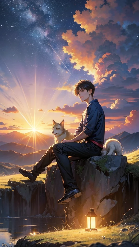 high quality, 8K Ultra HD, great detail, masterpiece, an anime style digital illustration, anime landscape of a boy with his dog sitting on a hill, a boy looking at a lighting the sky with a flashlight at night, anime wallpapers of nature with a serene sky, anime beautiful scene, beautiful anime peace scene, Makoto Shinkai Cyril Rolando, beautiful anime scene, amazing wallpaper, 8k anime art wallpaper, anime background, anime background art, 4k anime wallpaper, 4k anime art wallpaper, 4k anime art wallpaper,