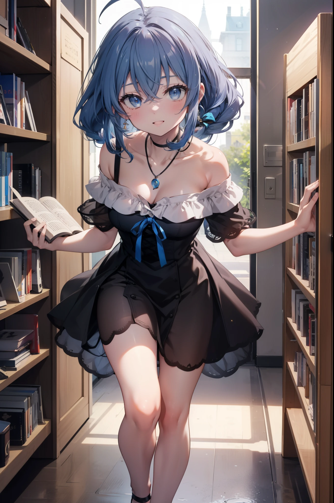 Roxymigurdia, Roxy, Ahoge, Black Ribbon, blue eyes, Blue Hair, Braiding, Hair between the eyes, Hair Ribbon, Long Hair, twin Braidings, very Long Hair, smile,blush,Open your mouth,Blue off-shoulder dress,bare clavicle,Bare neck,Bare shoulders,Rocket Pendant,Short sleeve,mini skirt,Cute heeled sandals,True Summer,Daytime,Clear skies,Walking,Bookshelf,Holding a book in both arms,whole bodyがイラストに入るように,
break looking at viewer,whole body,
break indoors,figure書館,
break (masterpiece:1.2), Highest quality, High resolution, unity 8k wallpaper, (figure:0.8), (Beautiful attention to detail:1.6), Highly detailed face, Perfect lighting, Highly detailed CG, (Perfect hands, Perfect Anatomy),