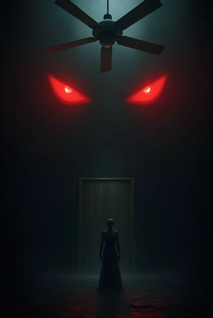 Two scery red colour eyes look at me on a big dark room, with a fan with closed door