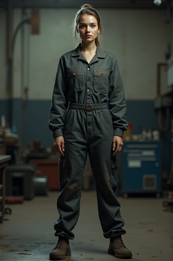(photorealism:1.2), a female mechanic, in a dark grey jumpsuit, dirty, standing streight, frontal view, no facial expression, high detail, 4K,