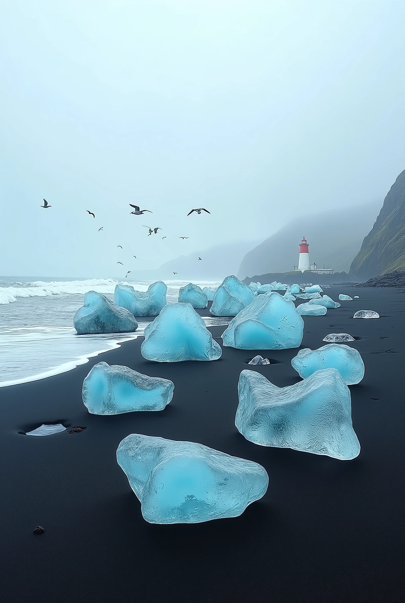 On the black sand beach,Scattered glass texture,不规则形状大量的Large的碧蓝色的冰,Ice should be transparent,Large,Large quantity,There are mountains behind the beach,The waves lap against the shore,Seagulls flying in the distance,The lighthouse ahead illuminates the distance,Landscape Photography,Delicate picture,Textured,