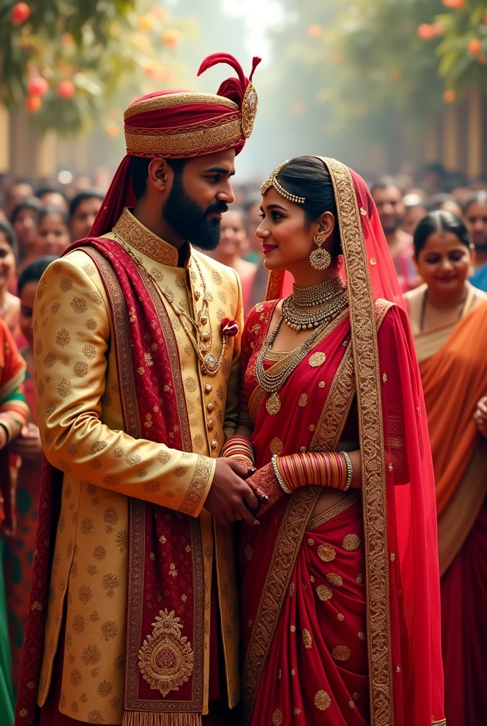 A Gujarati couple in their traditional dress doing their wedding rituals, in background peoples also wearing traditional costumes laughing and admiring them