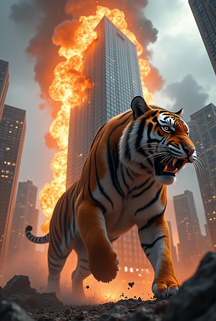 Make a picture of a tiger attacking a tall building causing a fire.
