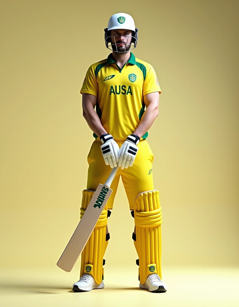 Give me a yellow jersey with AUS written on it. Wearing white sneakers. The cricket player is wearing a helmet and holding a cricket bat in both hands. He is waiting for the action with his knees slightly bent.，Showing the front profile of a cricket player，顶光drop shadow, anaglyph, stereogram, tachi-e, ass pov, atmospheric perspective, 8k, super detail, best quality