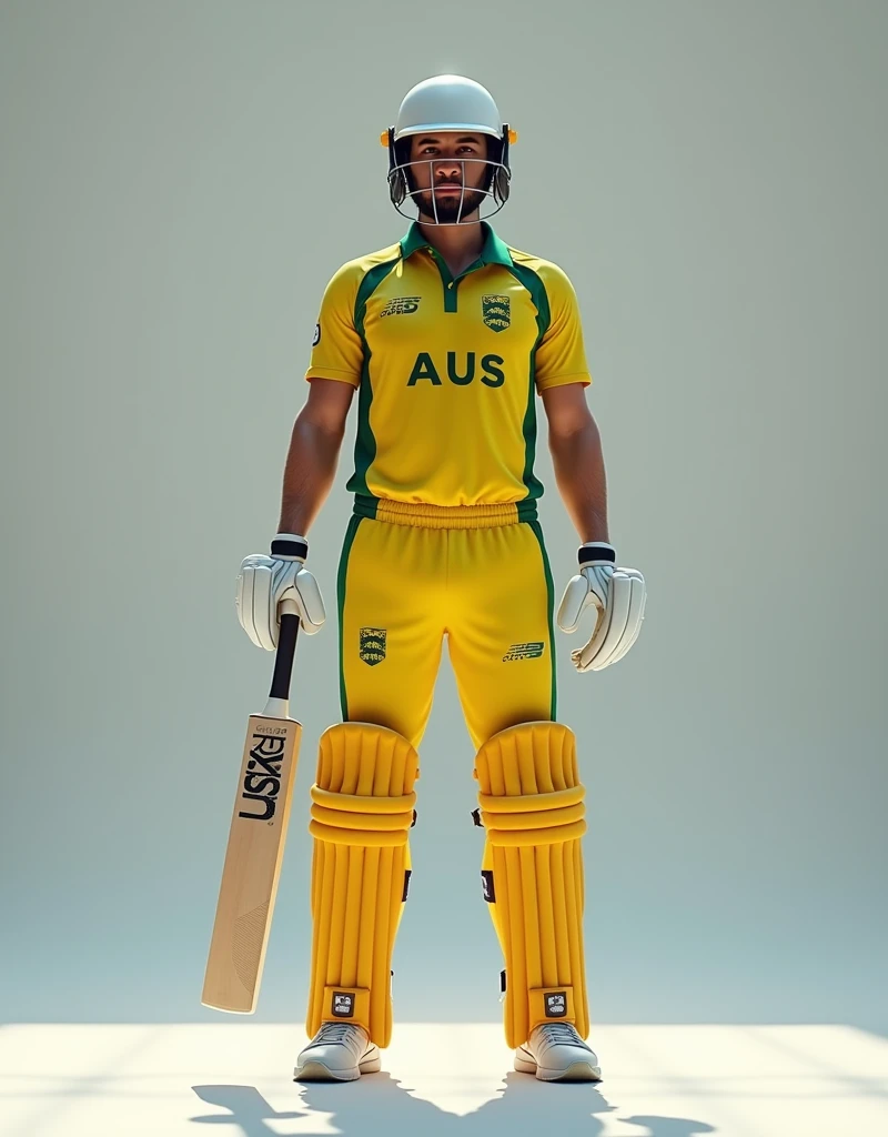 Give me a yellow jersey with AUS written on it. Wearing white sneakers. The cricket player is wearing a helmet and holding a cricket bat in both hands. He is waiting for the action with his knees slightly bent.,Showing the front profile of a cricket player,顶光drop shadow, anaglyph, stereogram, tachi-e, ass pov, atmospheric perspective, 8k, super detail, best quality