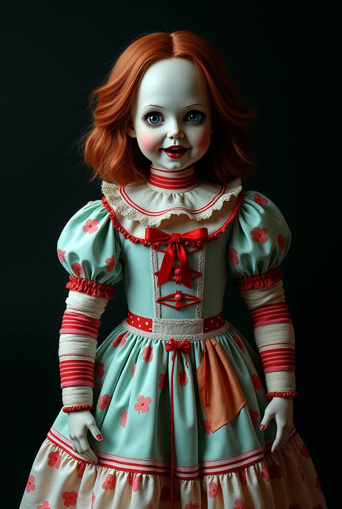 Annabelle from the movie "The Conjuring" has a very scary face. She is wearing the costume of a Japanese idol group.