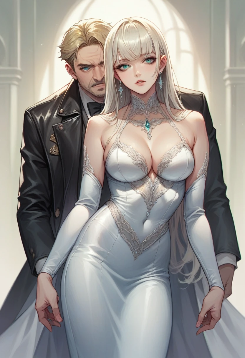 A girl with dark blonde hair, green eyes, usabdi leather jacket and sharp gaze next to a tall man, wearing elegant clothes, attractive, blue eyes and platinum bangs. Hyperrealistic style, 4k