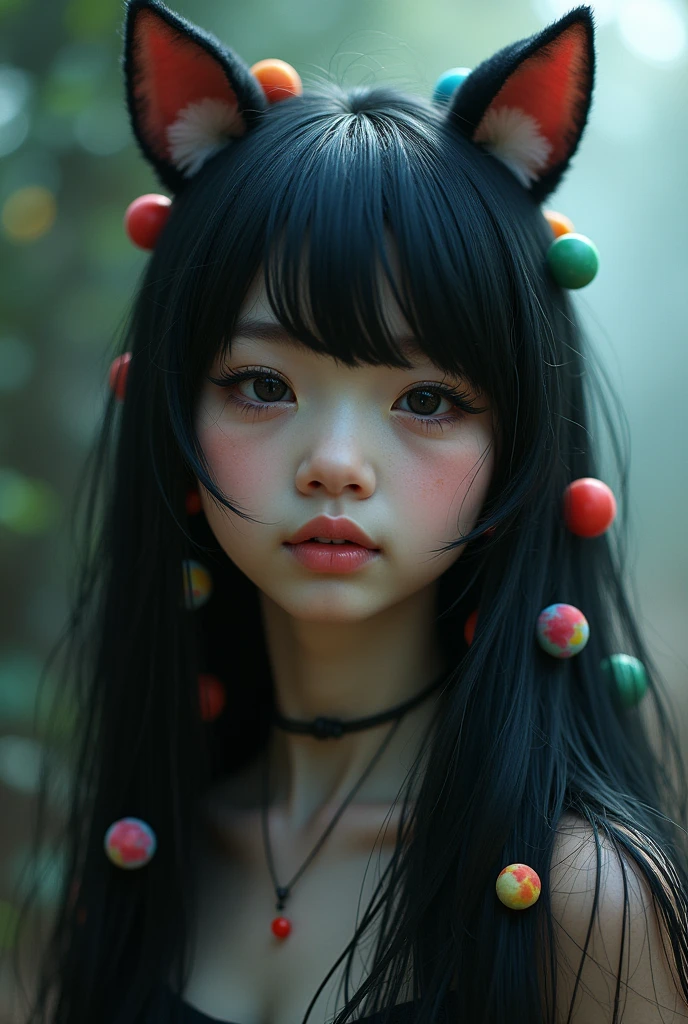 black hair, hair bobbles, wince, longeyelashes, solid circle eyes, fake animal ears, light smile, ear blush, fang, ccurate, Surrealism, drop shadow, anaglyph, stereogram, tachi-e, pov, atmospheric perspective, 8k, super detail, best quality