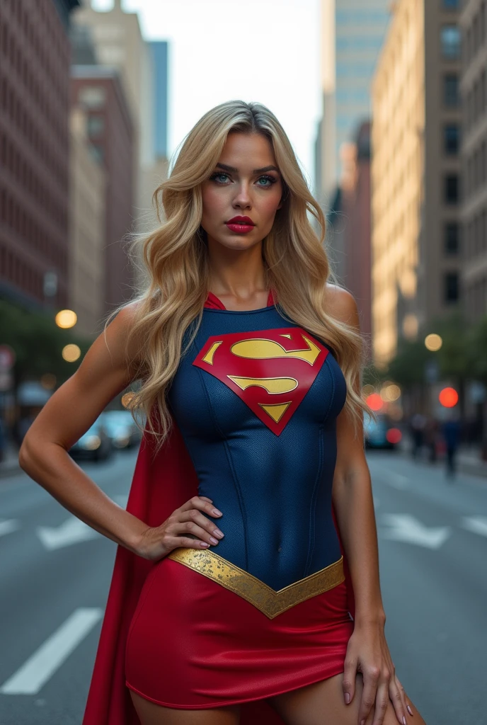 ultra realistic, photography, long straight blonde hair, (wavy elegant hair, blue eyes, perfect round lips, 30 years old, gorgeous face, voluptuous figure, perfect fit body, big enhanced breasts), red lips, Long eyelashes, ((best quality, 8 thousand, masterpiece:1.4)), Highly detailed face and skin textures, detailed eyes, she is wearing a tight and sexy Supergirl costume and standing in the Streets of Manhattan with her hands on her hips