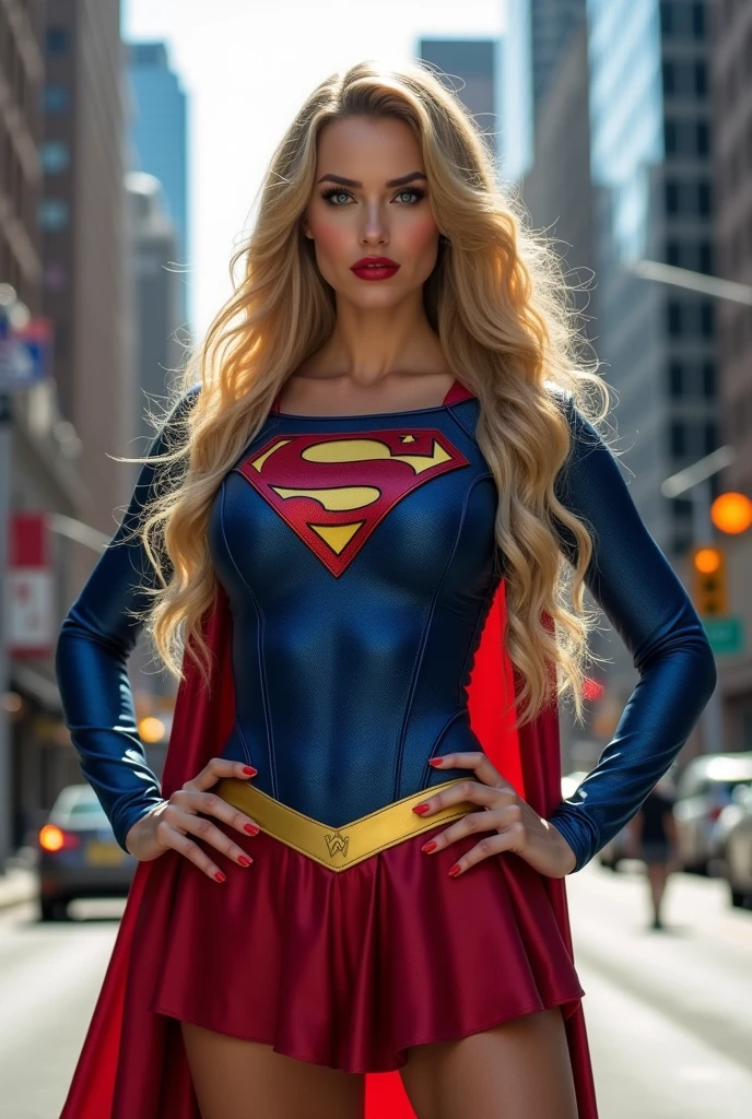 ultra realistic, photography, long straight blonde hair, (wavy elegant hair, blue eyes, perfect round lips, 30 years old, gorgeous face, voluptuous figure, perfect fit body, big enhanced breasts), red lips, Long eyelashes, ((best quality, 8 thousand, masterpiece:1.4)), Highly detailed face and skin textures, detailed eyes, she is wearing a tight and sexy Supergirl costume and standing in the Streets of Manhattan with her hands on her hips