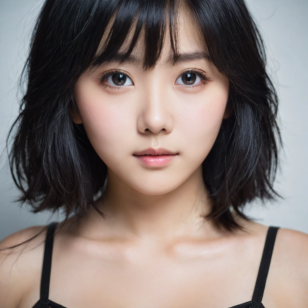 Yui, photo of  female, black shoulder length hair, big breasts; (rim lighting, studio lighting), (film grain, highly detailed glossy eyes, high detailed skin, skin pores);