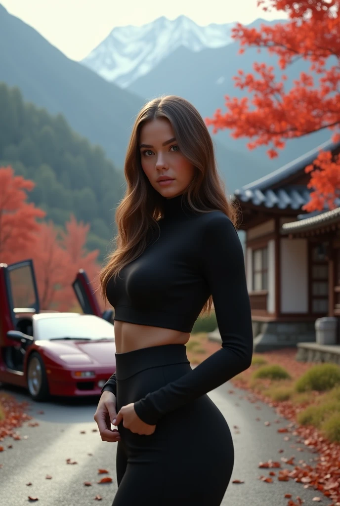 beautiful young american hot girl, long brown straight hair, blue eyes, pale skin, bold eyebrows, looking at viewer, full body view, girl wearing tight black long sleeve and tight black pants, autumn, fall day, trees, outdoors, japan village, japanese house, 16k, HDR, highres, ray tracing, RTX, ultra realistic, best quality, full body image, perfect body, big , perfect anatomy, 1girl, Lamborghini diablo with open door in background, mountain road, single girl