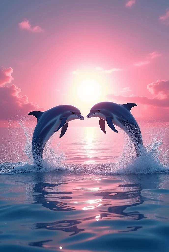 Two dolphins jumping forming a circle in the air with crystal clear water with a magical pink sunset with a text that says: I love skz with a Blonde font 