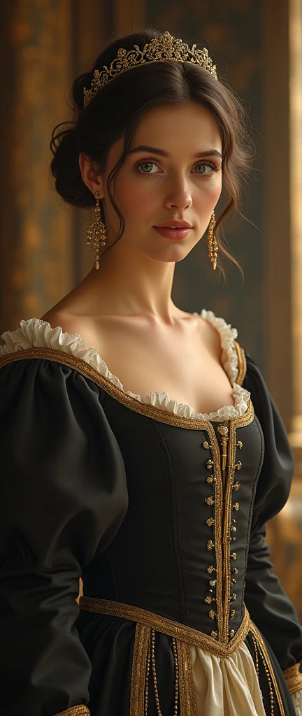 Front view, Full-body, 13 century, looking at viewer, Germany White girl, Germany queen, 30 age-old, (dark brown hair, hair bun, little lip, little smile ) (tiara, earring), (middle breasts, slender whist, middle hip), slender body,(ancient old fashion, courtly romance),on floor, German Palace, night (masterpiece, Highest quality, masterpiece, God-like quality, Godly art, Very realistic),