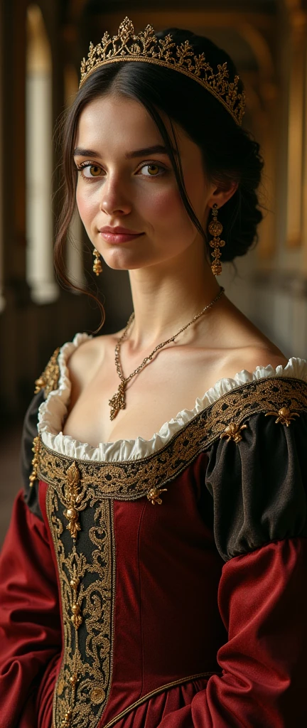 Front view, Full-body, 13 century, looking at viewer, Germany White girl, Germany queen, 30 age-old, (dark brown hair, hair bun, little lip, little smile ) (tiara, earring), (middle breasts, slender whist, middle hip), slender body,(ancient old fashion, courtly romance),on floor, German Palace, night (masterpiece, Highest quality, masterpiece, God-like quality, Godly art, Very realistic),