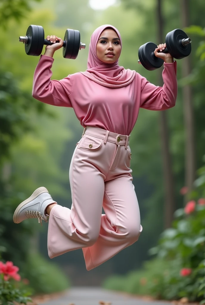 a realistic 1girl wearing a hijab, detailed beautiful face, Hijab Muslim. Wear pink white. Safety Pink google spectacle top of the head. Age 25 year old. Jump on and have a super strong power. One hand lifting the 50kg dumbbell. Bokeh background. At the garden. Wear sneakers white boots, detailed lips, long eyelashes. Hero, modest expression, delicate facial features, natural skin tones, hijab covering head and neck, detailed folds and textures of hijab, natural lighting, high quality, photorealistic, 8k, best quality