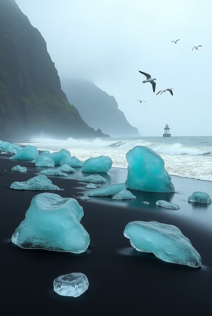 On the black sand beach,Scattered glass texture,不规则形状大量的Large的碧蓝色的冰,Ice should be transparent,Large,Large quantity,Ice cubes are natural,There are mountains behind the beach,The waves lap against the shore,Seagulls flying in the distance,The lighthouse ahead illuminates the distance,Landscape Photography,Delicate picture,Textured,