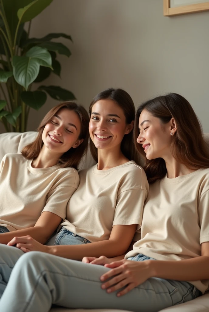 A 3 American woman wearing beige cotton t-shirt sitting on a sofa