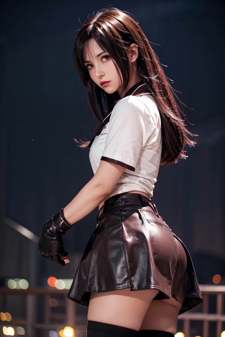 Tifa Lockhart, , night, Light Particles, Light, Side Light, thigh, skirt, Red Eyes, Brown hair, Knee socks, Sleeves,Uniforms