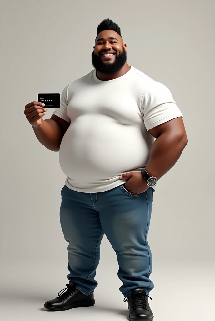Strong and stocky mixed race man, usando camiseta branca, jeans and black sneakers, standing, smiling, showing a black credit card with the words “RIBEIRO” written on it.