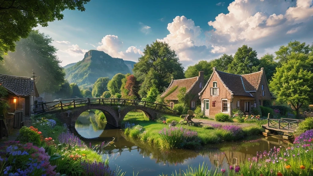 The ancient village of the Netherlands,  mystical nature, Rivers, Mountains and forests, waterfall, cloud, Photorealistic photos, It&#39;s not 8k. Aerial view.