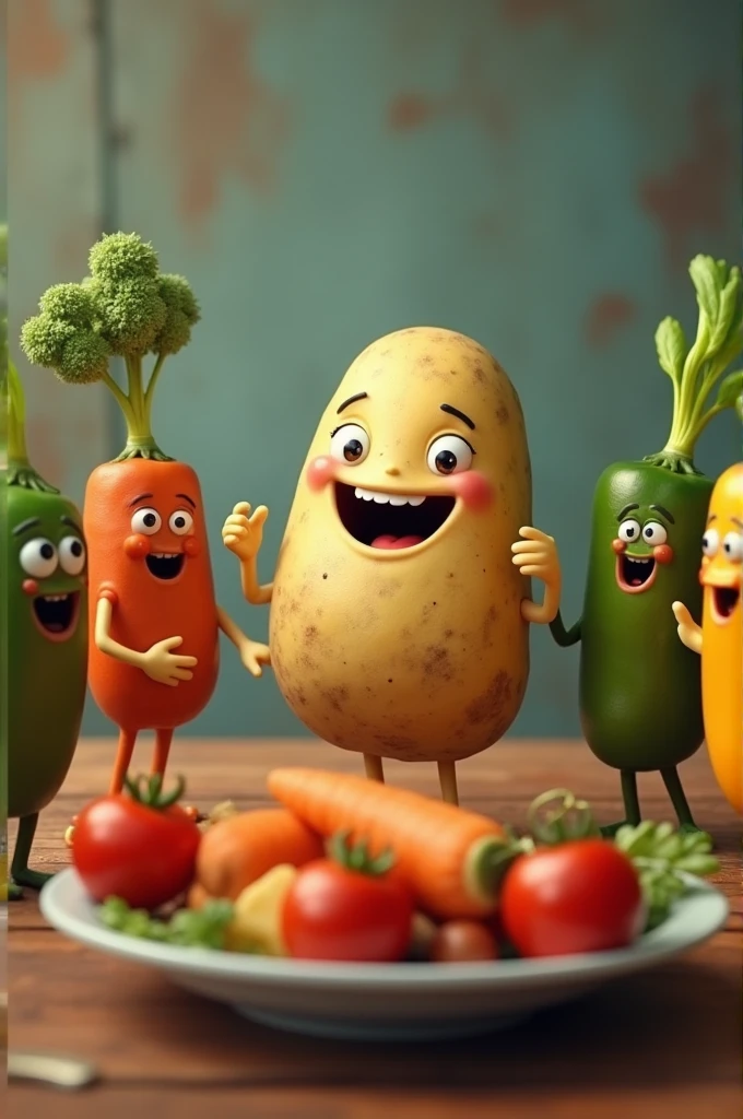 Generate a.A fun image of a potato talking to other vegetables next to it with a plate in the background of the image