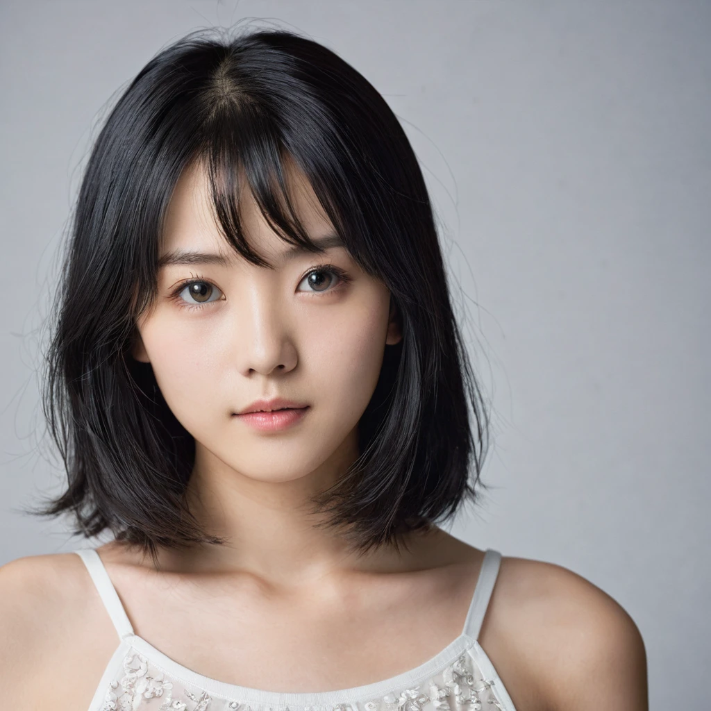 Yui, photo of age 15 year female, black shoulder length hair, small breasts; (rim lighting, studio lighting), (film grain, highly detailed glossy eyes, high detailed skin, skin pores);