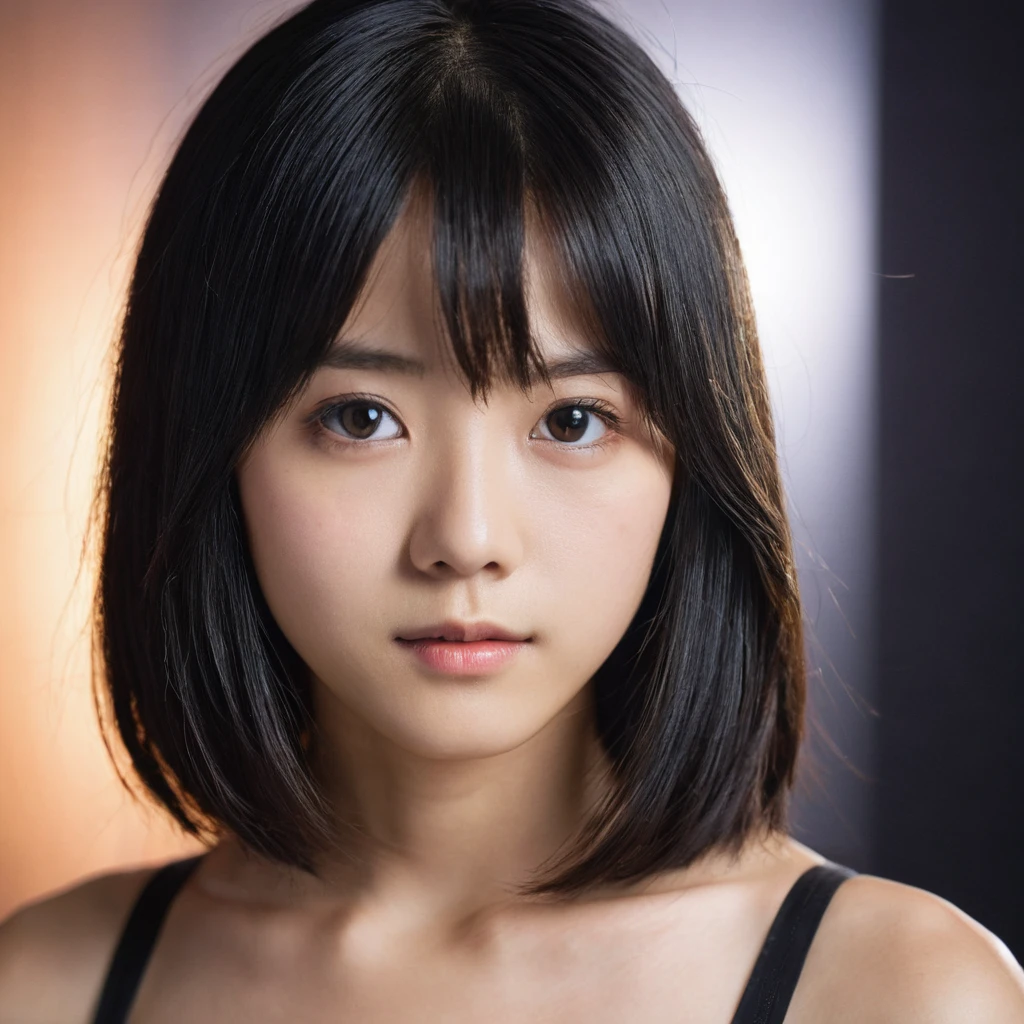 Yui, photo of age 15 year female, black shoulder length hair, small breasts; (rim lighting, studio lighting), (film grain, highly detailed glossy eyes, high detailed skin, skin pores);