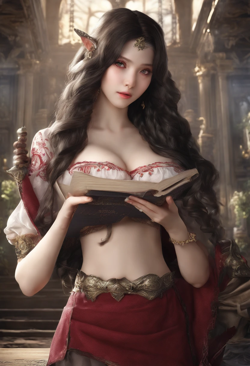best quality,masterpiece,Ultra-high resolution,photoactual:4:0,Demon Palace Academy Park,Albedo,long hair shawl,Devil's Horn,Big breasts,shirt clothes,mini skirt,holding book