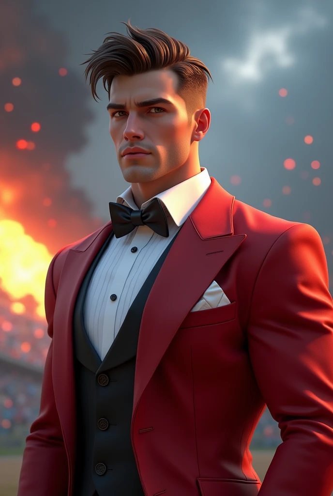photorealistic, anthropomorphic lightning mcqueen, extremely detailed facial features, beautiful eyes, perfect skin, detailed realistic hair, muscular male body, elegant clothing, cinematic lighting, dramatic pose, dynamic environment, stunning 8k resolution, intricate details, photorealistic textures, hyper-realistic, cinematic composition, dramatic color palette, warm lighting, film grain
