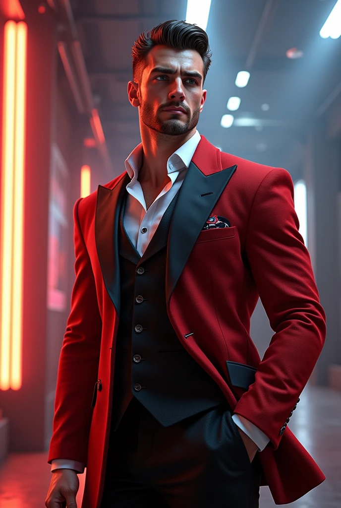 photorealistic, anthropomorphic lightning mcqueen, extremely detailed facial features, beautiful eyes, perfect skin, detailed realistic hair, muscular male body, elegant clothing, cinematic lighting, dramatic pose, dynamic environment, stunning 8k resolution, intricate details, photorealistic textures, hyper-realistic, cinematic composition, dramatic color palette, warm lighting, film grain