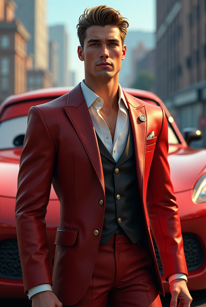 photorealistic, anthropomorphic lightning mcqueen, extremely detailed facial features, beautiful eyes, perfect skin, detailed realistic hair, muscular male body, elegant clothing, cinematic lighting, dramatic pose, dynamic environment, stunning 8k resolution, intricate details, photorealistic textures, hyper-realistic, cinematic composition, dramatic color palette, warm lighting, film grain