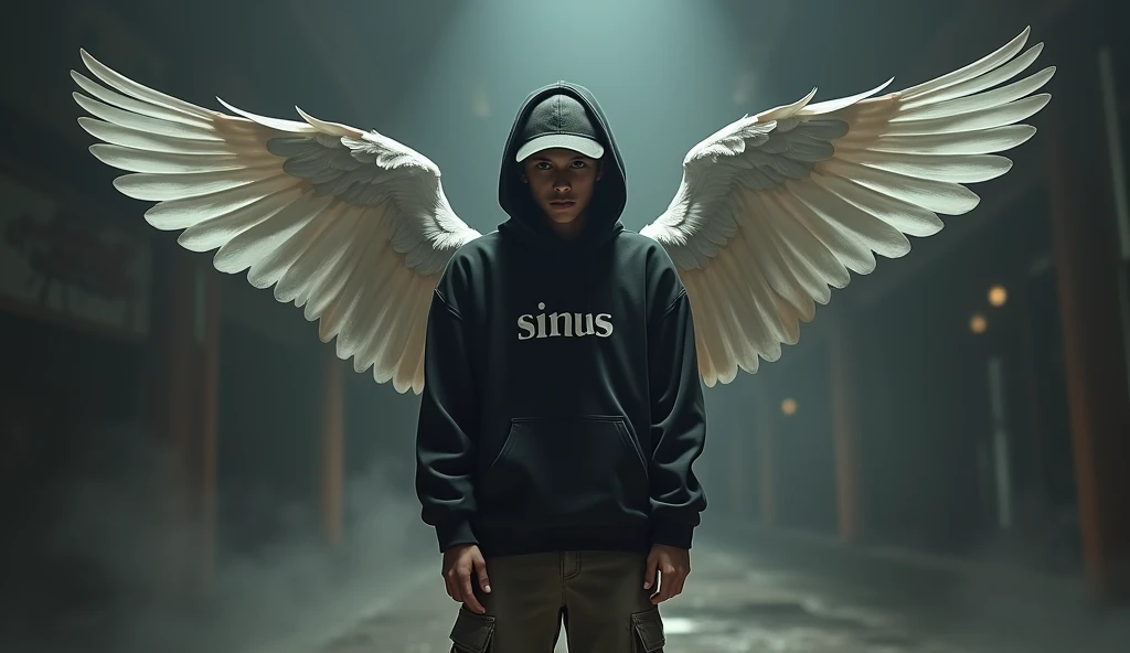 a young man, wearing a black hoodie that reads "SiMus", baseball cap, has angel wings, wearing long cargo pants, boats shoes, photorealistic, 8k, hyper detailed, cinematic lighting, dramatic shadows, moody atmosphere, fantasy art, concept art, digital painting