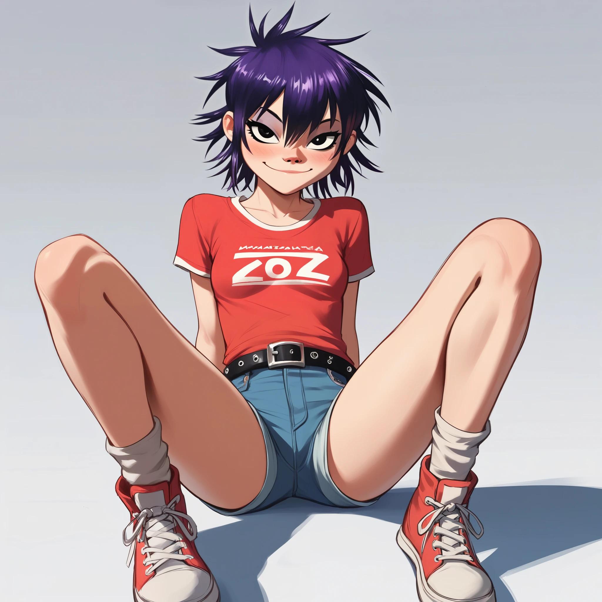 noodle (Gorillaz), masterpiece, best quality, 1girl, solo, hair between eyes, thighs, purple hair, blush, short hair, looking at the viewer, bangs, pose, small , makeup, cute, teen body, short shorts, knee-high socks, Sketchers style keds, belt, skinny, , smile, unzipped, , shirt, sfw
