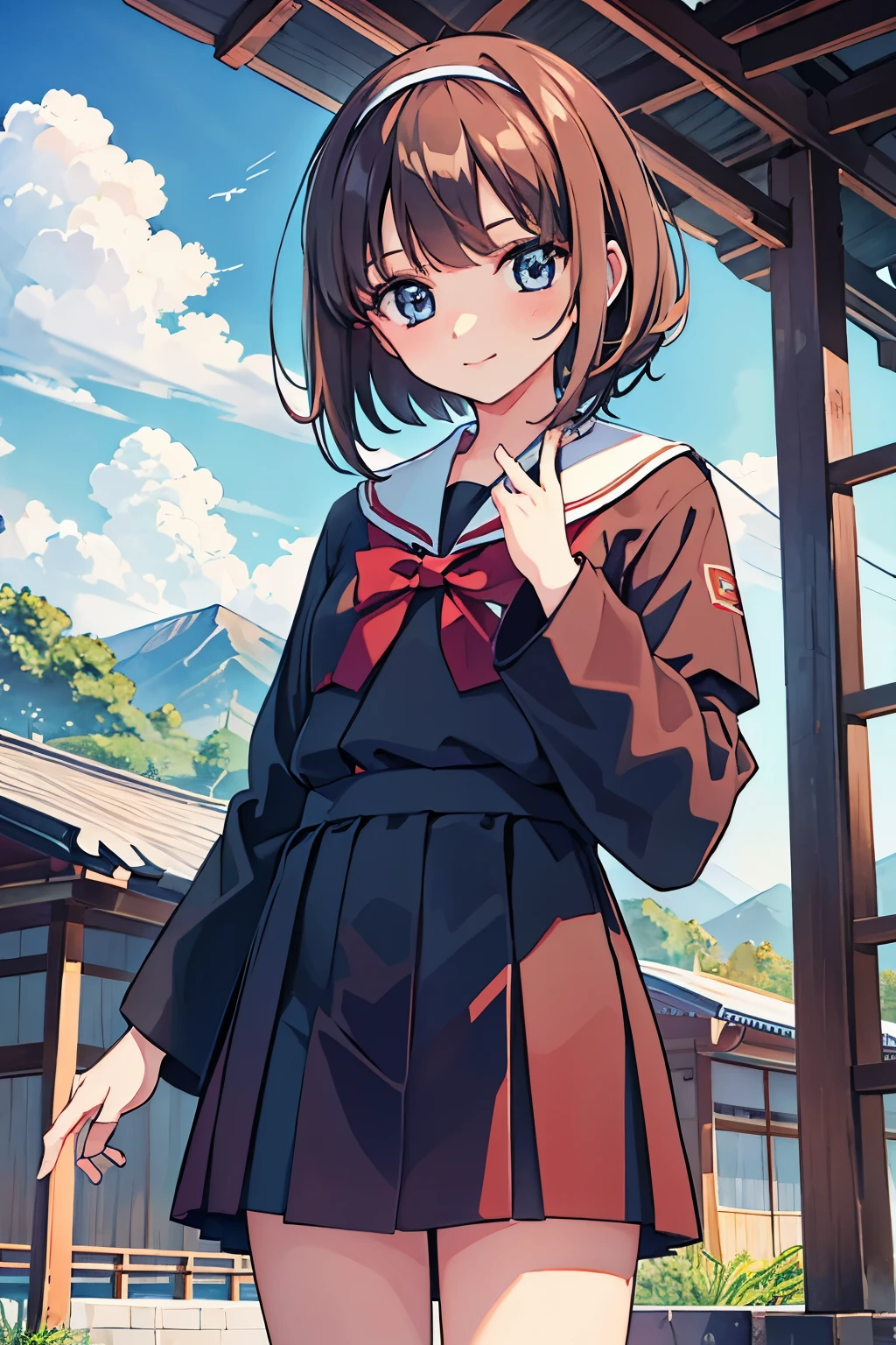 (masterpiece), (best quality), (ultra detailed), 1 girl, late teenage, standing, wave hand, thigh focus, from below, school uniform, serafuku, hair band, bob cut, brown hair, smile, looking at viewer, japanese rural landscape, rice paddies, gravel road, cumulonimbus, in summer, professional lighting, stunning face, detailed eyes and face