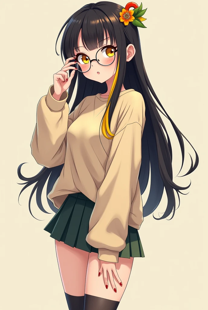 Anime nerdy girl, black hair, hair highlights, yellow eyes, tan skin, full body, nail polish, round glasses, hair accessory, thigh high socks, overgrown shirt