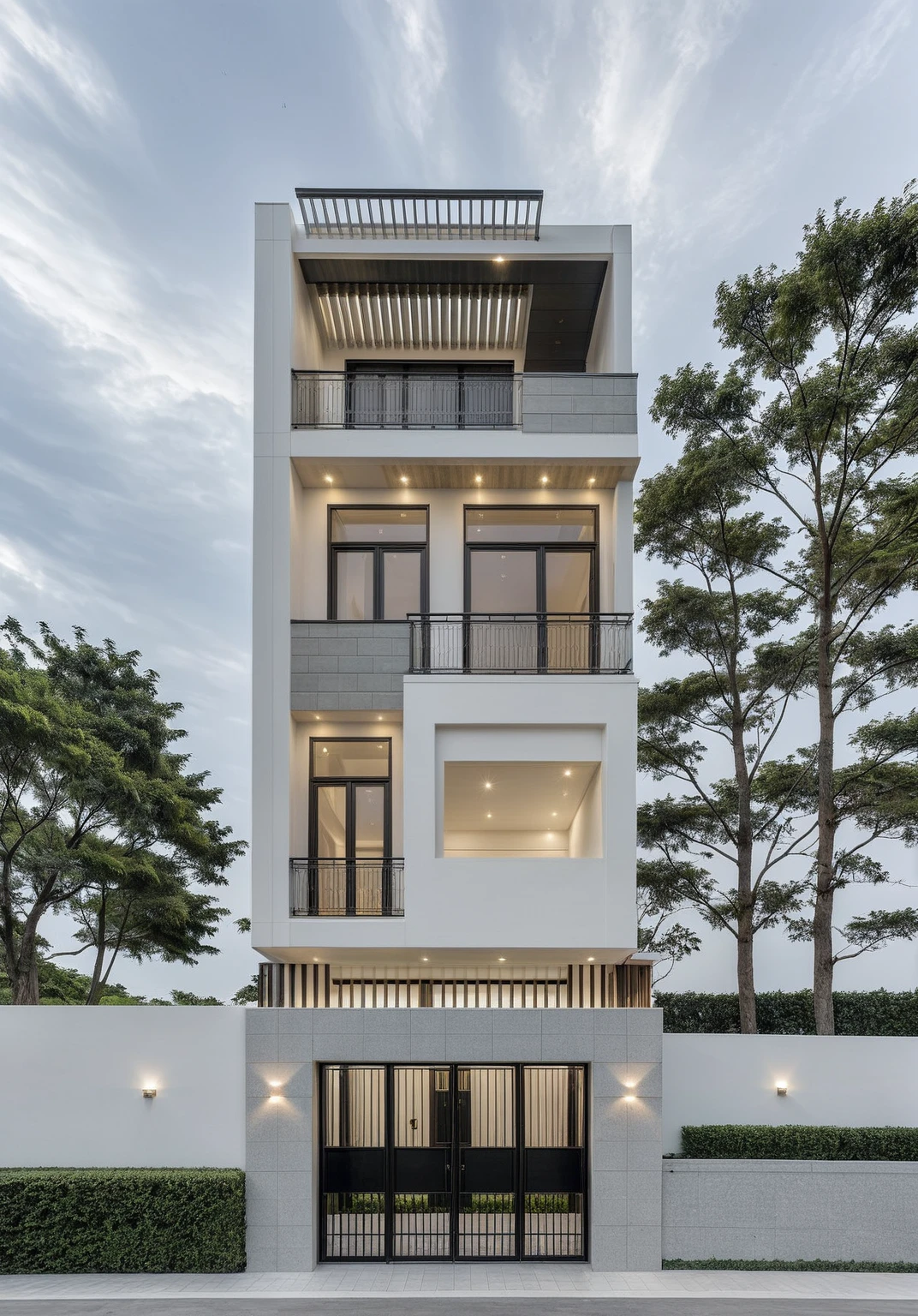 RAW photo, a photo of a modern house, (curvilinear archrchitecture:1.4), Wabisabi style rounded wall, white wall, steel black gate, sidewalk, sidewalk trees, ((grey gate:1.2)), road, viet nam modern residence, ((architectural shot)), rough white wall, new residential area, wide angle exterior 2022, contemporary house, exterior photography, masterpiece, contemporary architecture, overcast, indirect lighting