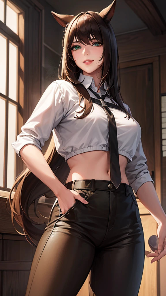 The person who is not a good friend of mine is a good friend of mine.,Brown hair,Horse tail,green eyes,cowboy shot,seductive smile,Lips,