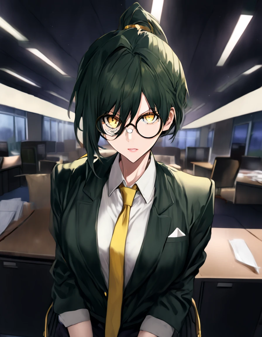 mature, Golden eyes, looking at viewer, female, office background, messy hair, black shoulder-length hair, ponytail, parted lips, hair between eyes, ahoge, tired eyes, bags under eyes, dark, bandages around hands, night, emotionless, frown, dark green jacket with golden accents, Underneath the jacket a white shirt with a yellow tie and black slacks, monocle