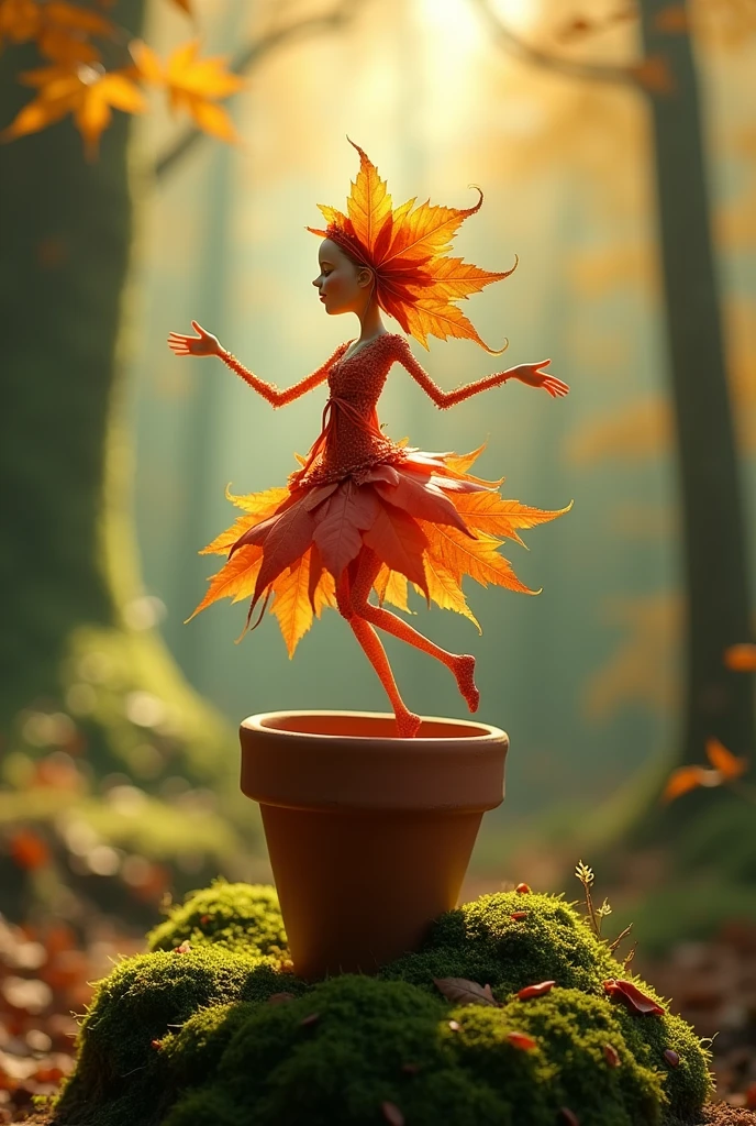 1-A whimsical miniature figure composed of delicately arranged autumn leaves, poised in a carefree dance on the neem leaves moss-covered terracotta pot, set against a lush, vibrant forest backdrop, where dappled sunlight filters through the canopy above, casting intricate shadows. The overall aesthetic is ethereal, with warm, earthy tones of sienna, umber, and olive green, infused with hints of emerald and golden light, evoking a sense of wonder and enchantment, as if plucked from a fantastical realm.

Prompt 2A human like figure rinade of leaves dancing on a pot, forest rain background