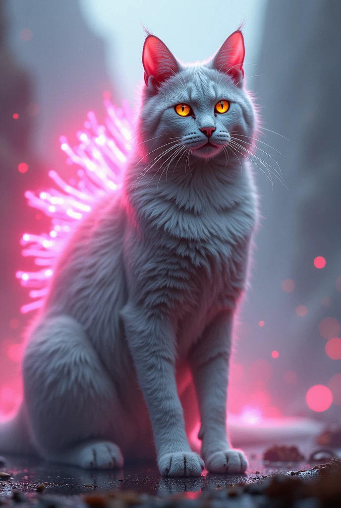 Godzilla the cat has pink lights coming out of his back.