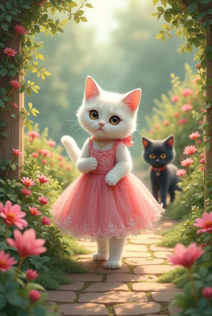 White beautiful cat in beautiful pink dress walking in beautiful garden.some black cat coming behind of the white cat in the beautiful garden