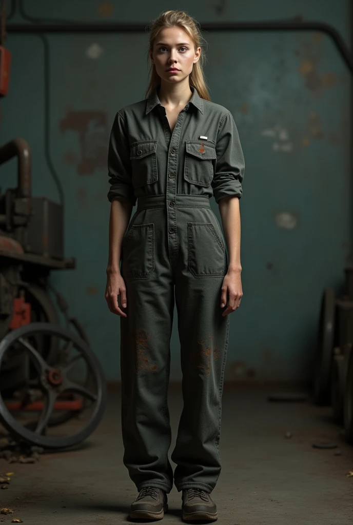 (photorealism:1.2), a female mechanic, in a dark grey jumpsuit, dirty, standing streight, frontal view, no facial expression, high detail, 4K,