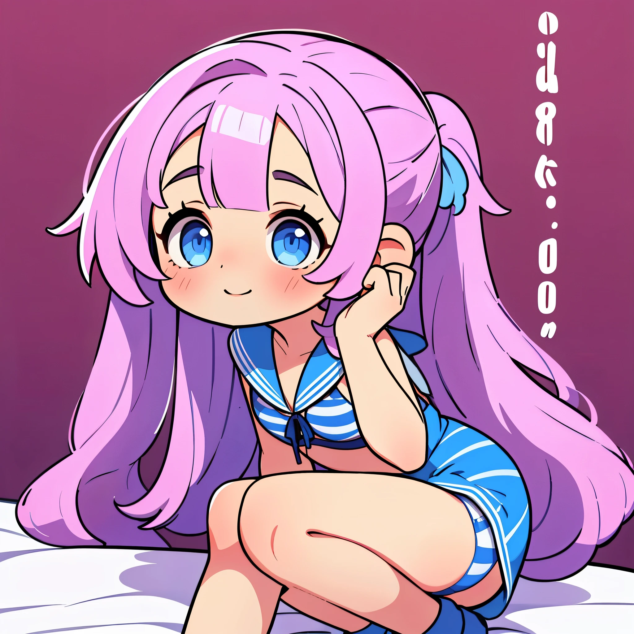 (score_9,score_8_up,score_7_up,score_6_up,score_5_up,score_4_up), girl, , cute, blue eyes, pink braided hair, childish dress with frills, pink panties, blue bra, on her knees looking at the viewer, blushing face, smiling, manga style, linear, no background 